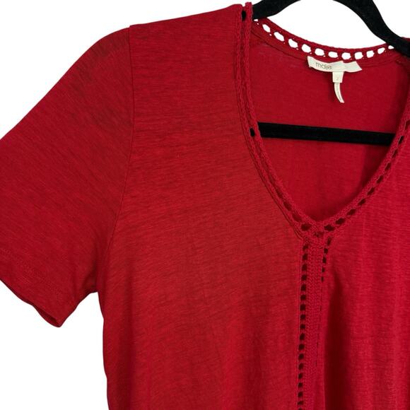 Maje Linen Short Sleeve Tee Women Size 2 V Neck Crochet Eyelet Red Pull Over - Picture 2 of 11